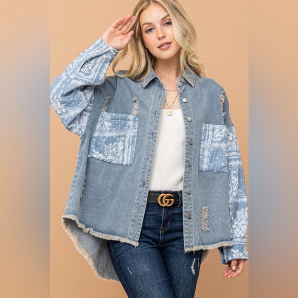 And The Why Paisley Print Quilted Sleeves Denim Jacket - Picture 1 of 6